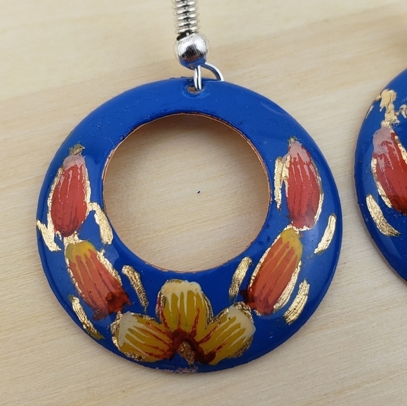 HANDMADE Dangle Earrings Copper Handpainted Blue Mexican Floral Earrings - Picture 5 of 6